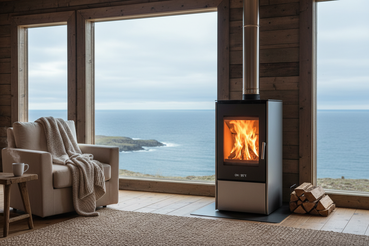 Eficient Furnace blazing heat in a cabin off shore