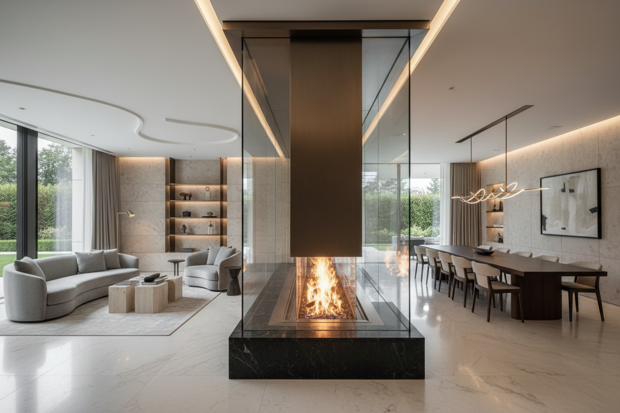 See through ultimate luxury fireplace doubles sided in mansion