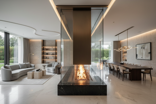 See through ultimate luxury fireplace doubles sided in mansion